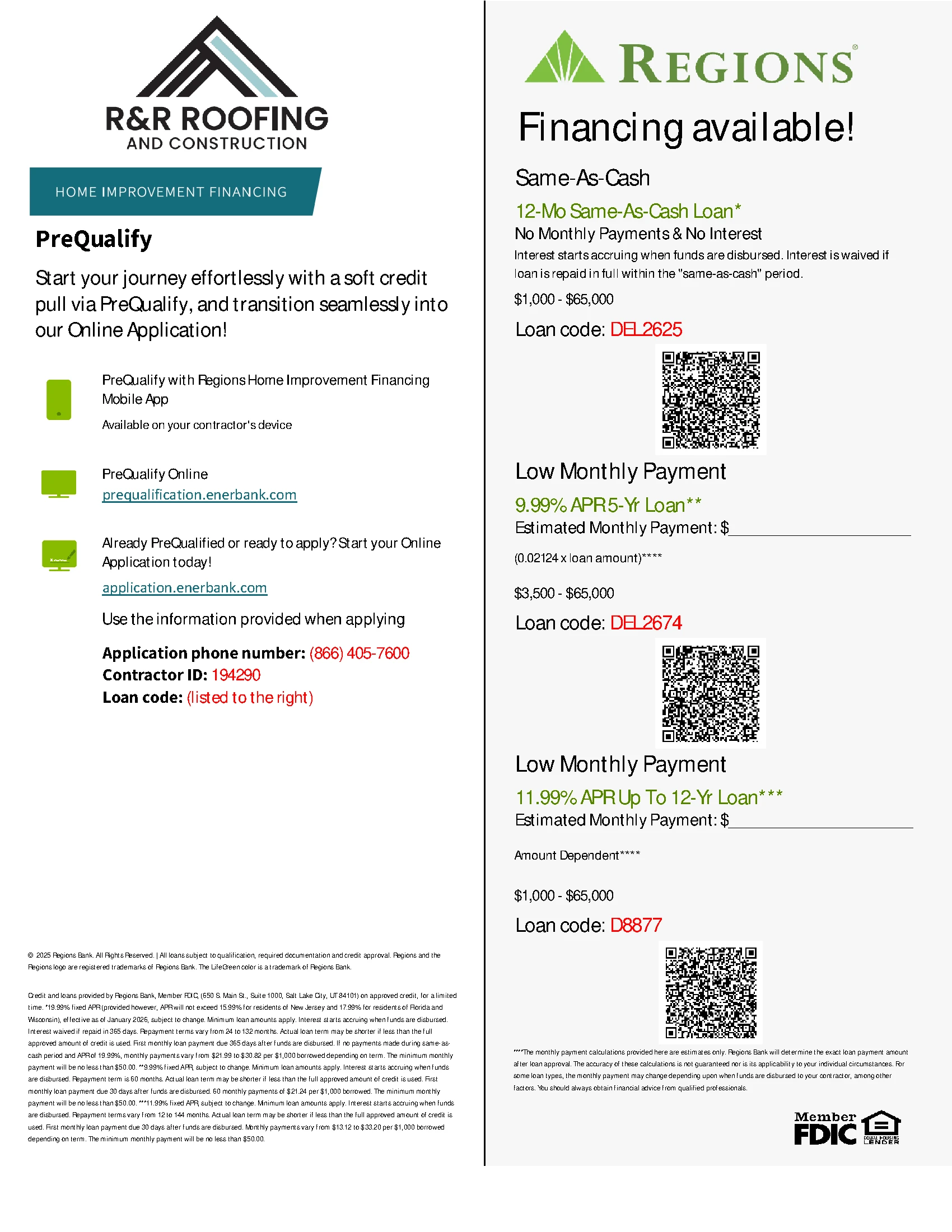 R&R Roofing and Construction financing options sheet from Regions Home Improvement Financing, showing the same-as-cash, 5-year and 12-year plans with prequalification QR codes
